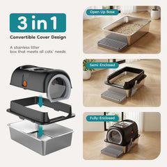 Stainless Steel Enclosed Cat Litter Box Large 30L 24IN