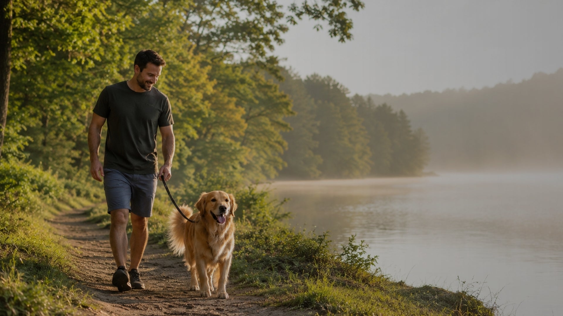 Man walking a dog along a path by a lake with trees in the background