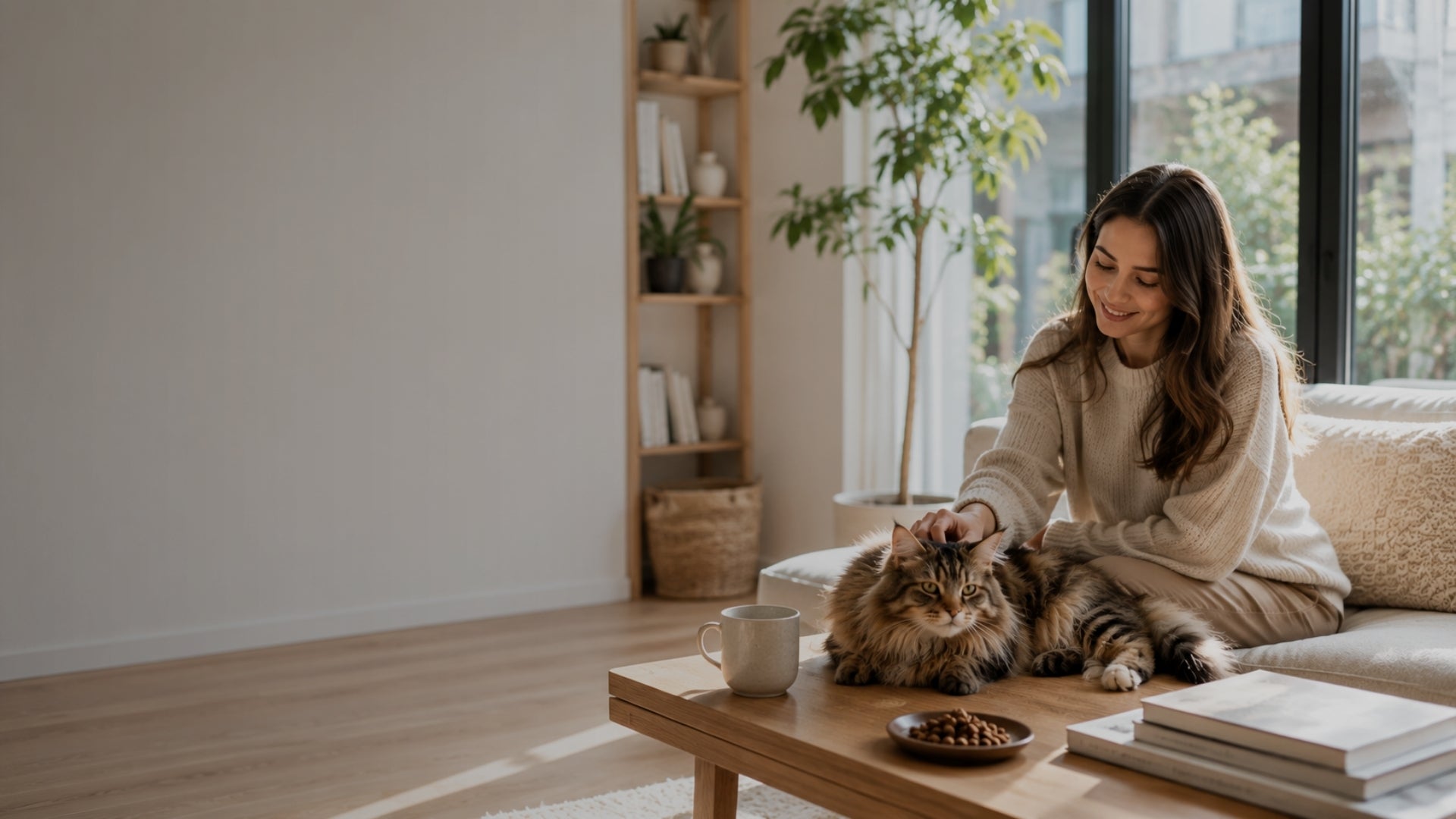 Woman sitting on a couch with a cat on a coffee table in a cozy living room.